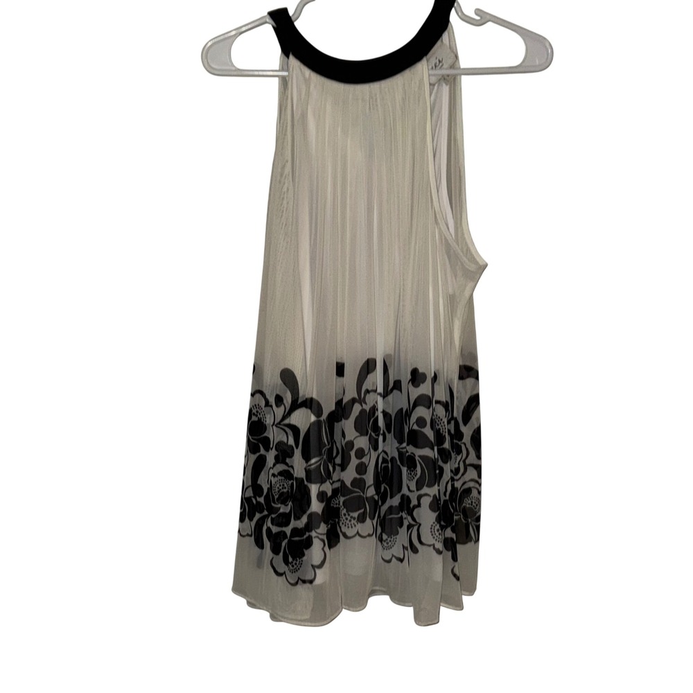ECI New York White Black Floral Pleated Mesh Halter Bow Back Top Size 14